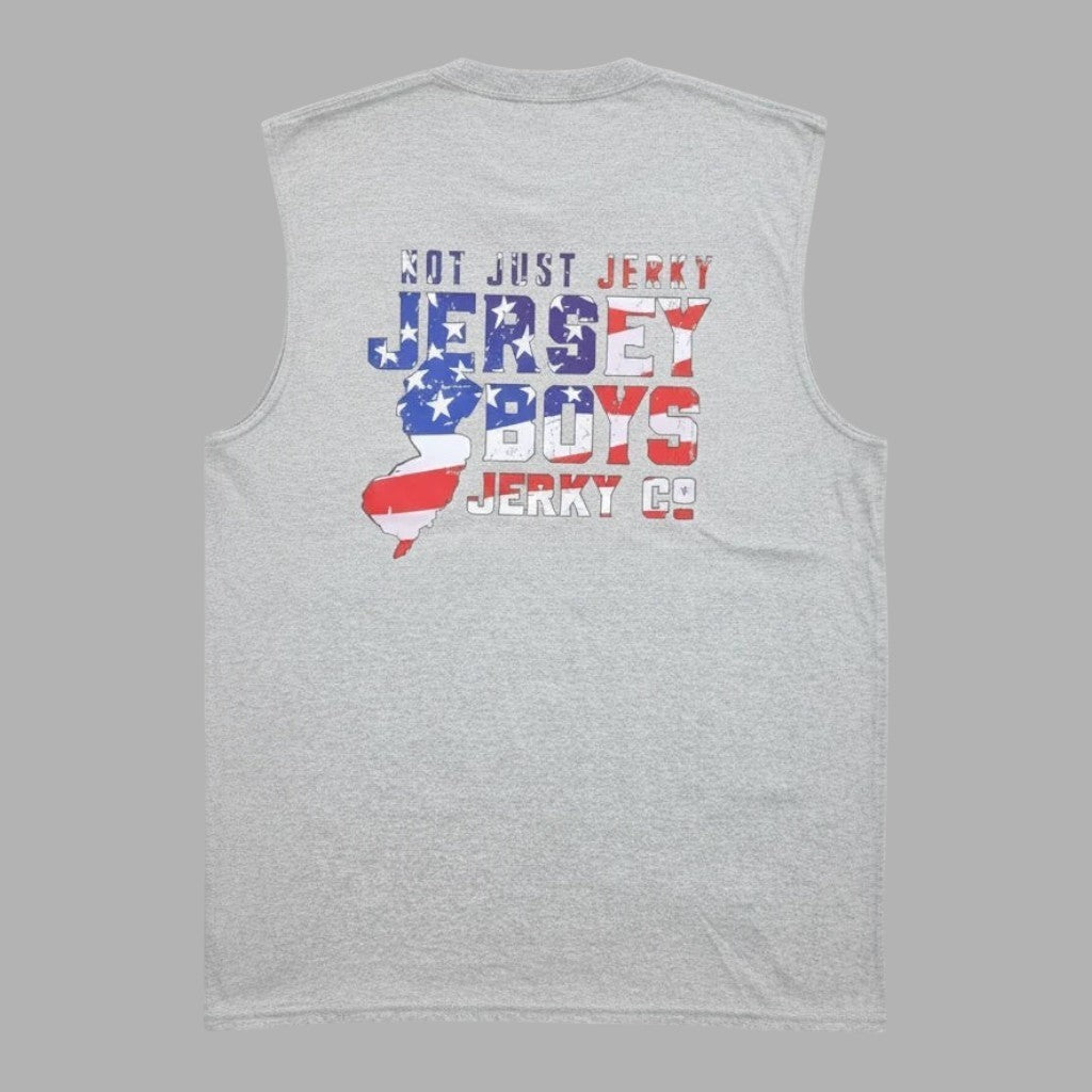 Jersey Boys Jerky grey sleeveless tee featuring a distressed American flag state of New Jersey graphic on the back.