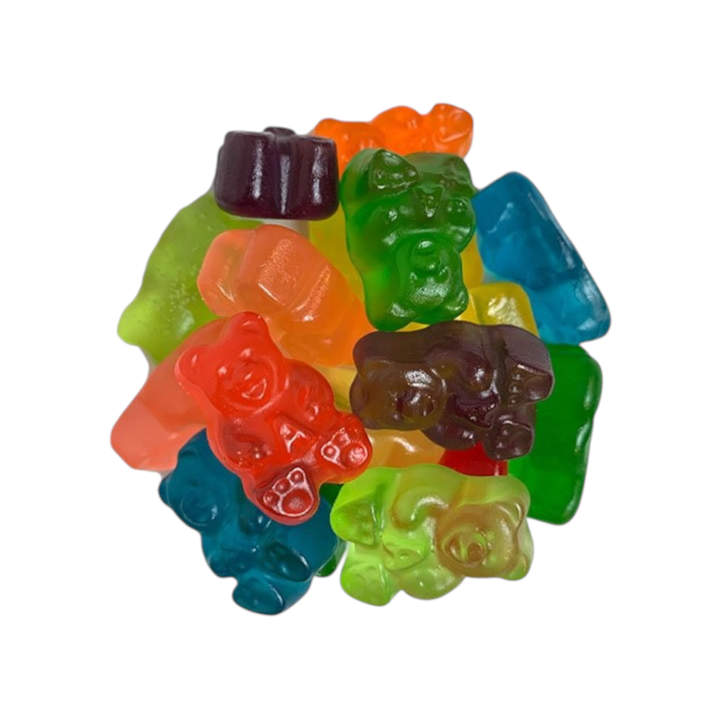 Jersey Boys Jerky assorted gourmet gummy bears in 12 vibrant fruit flavors including cherry, grape, and lime.
