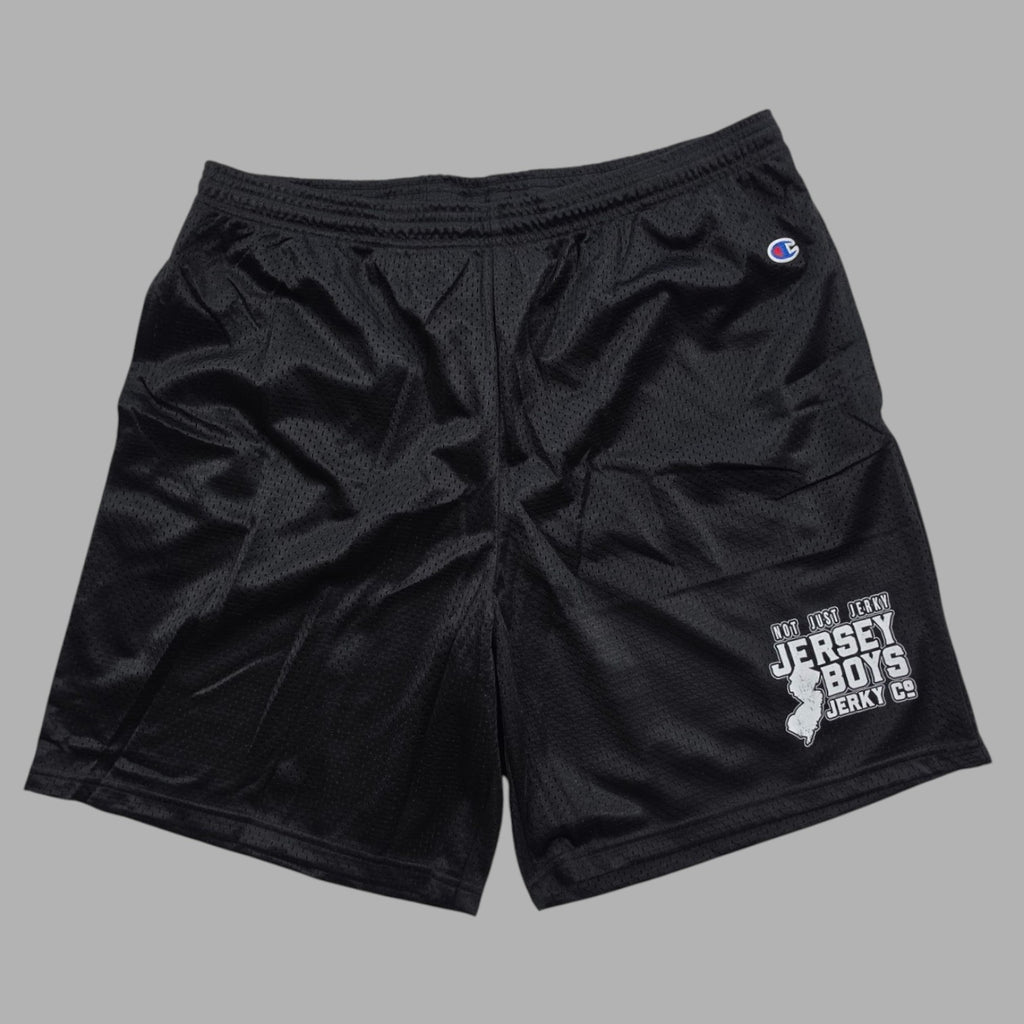 Jersey Boys Jerky black athletic mesh shorts with Champion logo and branded graphic print