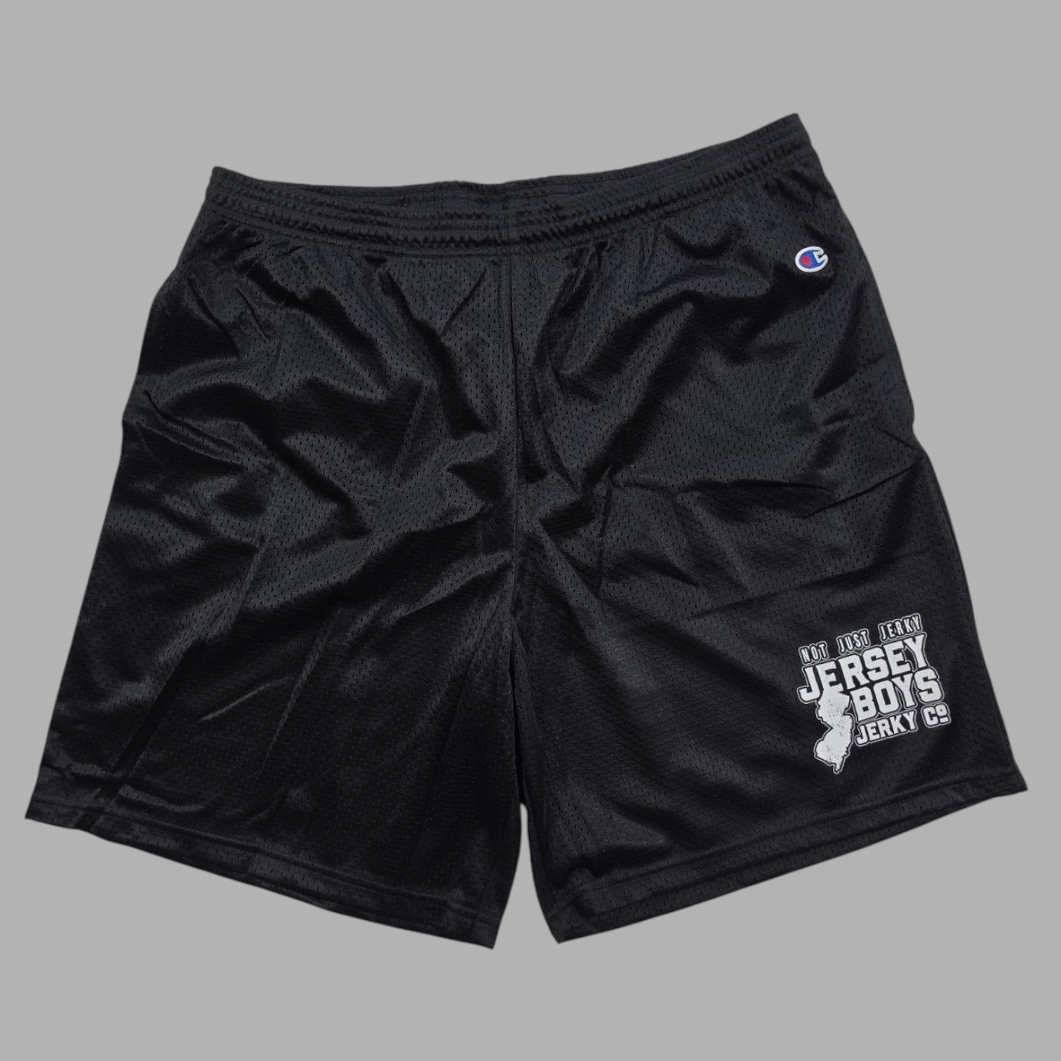 Jersey Boys Jerky black athletic mesh shorts with Champion logo and branded graphic print
