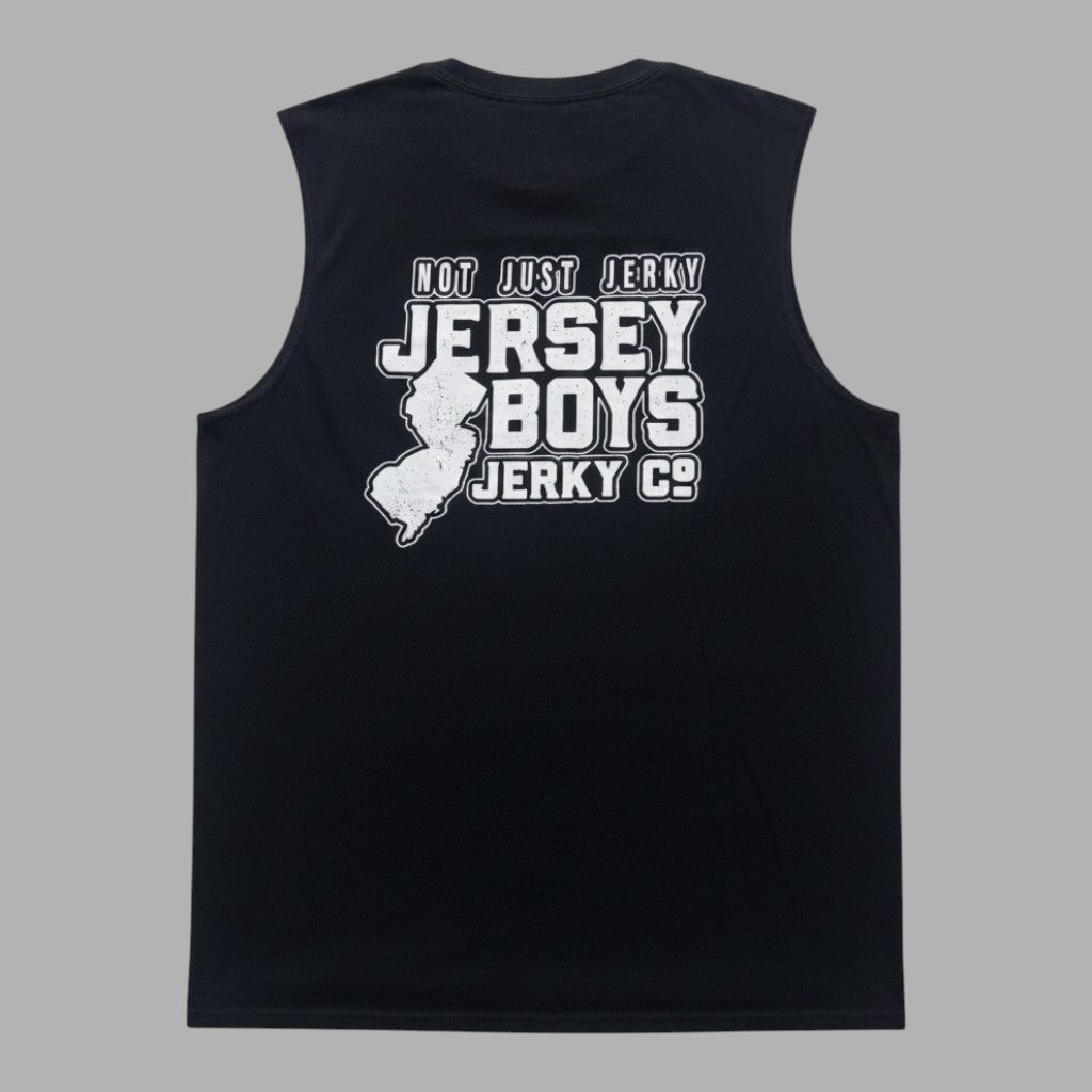 Back view of a black Jersey Boys Jerky sleeveless tee featuring a white distressed logo and New Jersey state map.