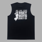 Back view of a black Jersey Boys Jerky sleeveless tee featuring a white distressed logo and New Jersey state map.