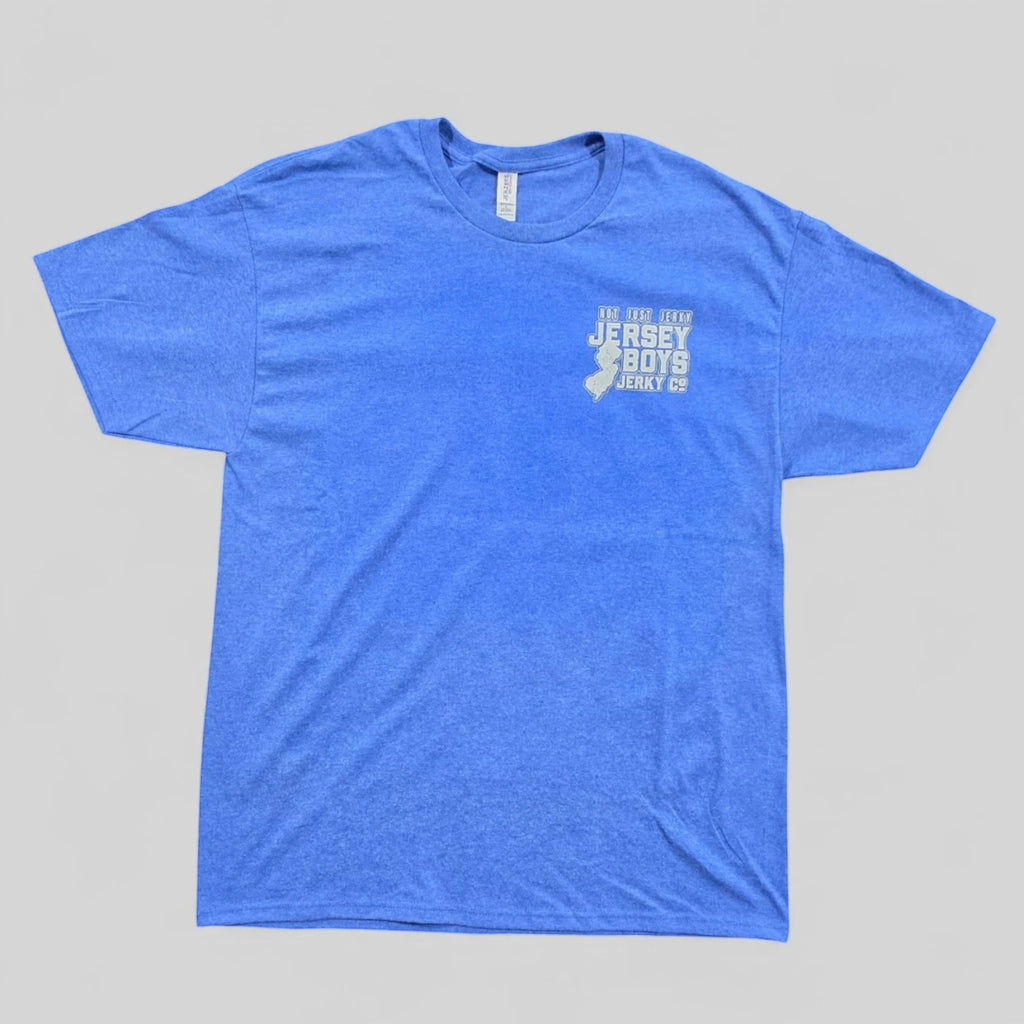 Jersey Boys Jerky blue performance t-shirt with a small white logo on the chest, made from moisture-wicking fabric.