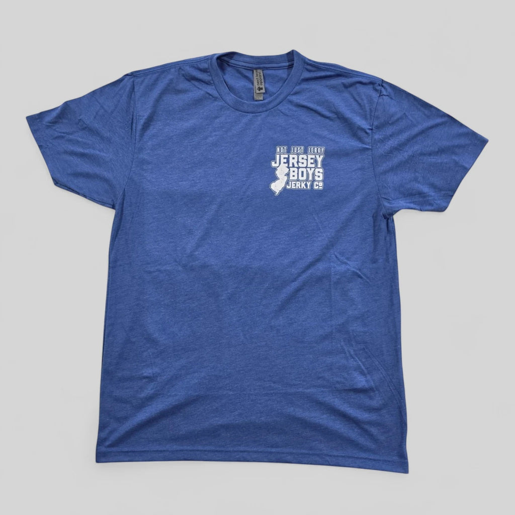 Jersey Boys Jerky blue tri-blend t-shirt with white chest logo featuring the state of New Jersey