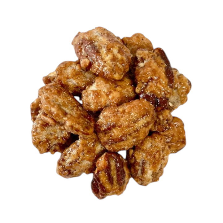 Jersey Boys Jerky Butter Toffee Pecans with a golden caramelized coating and crunchy roasted texture