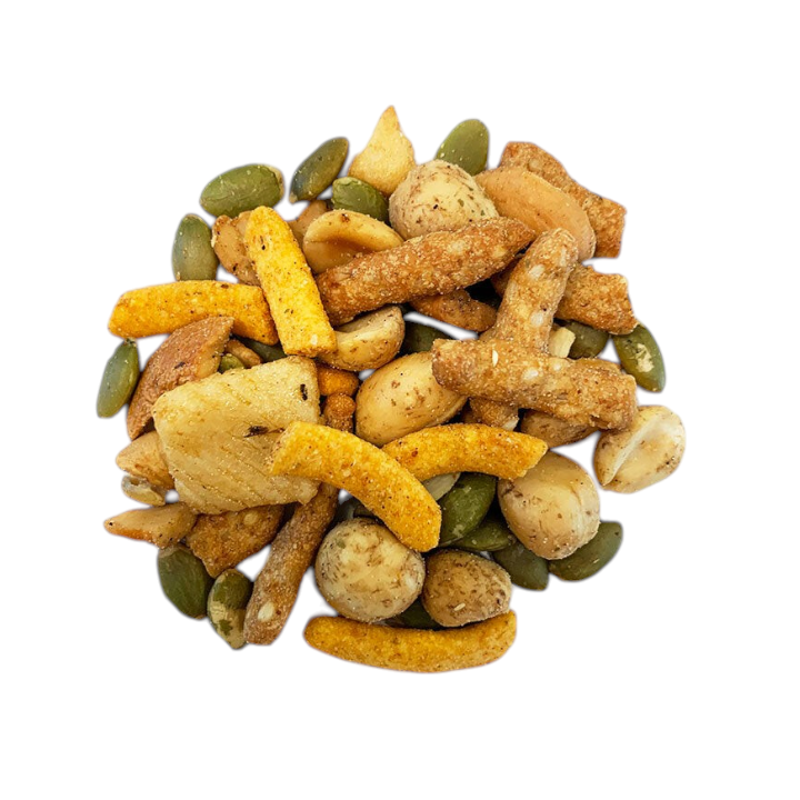 Jersey Boys Jerky Red, White & Chew trail mix featuring salted nuts, green pumpkin seeds, and spicy Cajun hot sticks.