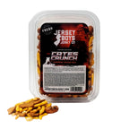Jersey Boys Jerky Cates Crunch Orange Crush snack mix in a clear plastic container with a pile of nuts and pretzels.