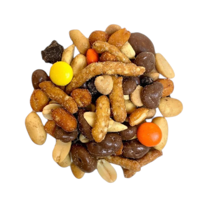 Jersey Boys Jerky Chocolate Peanut Butter Swirl snack mix with dark chocolate, milk chocolate, and salty peanuts.