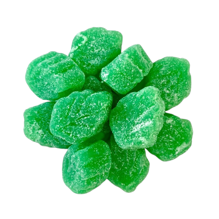 Jersey Boys Jerky soft, chewy green spearmint leaf candies with a light sugar coating on a white background.