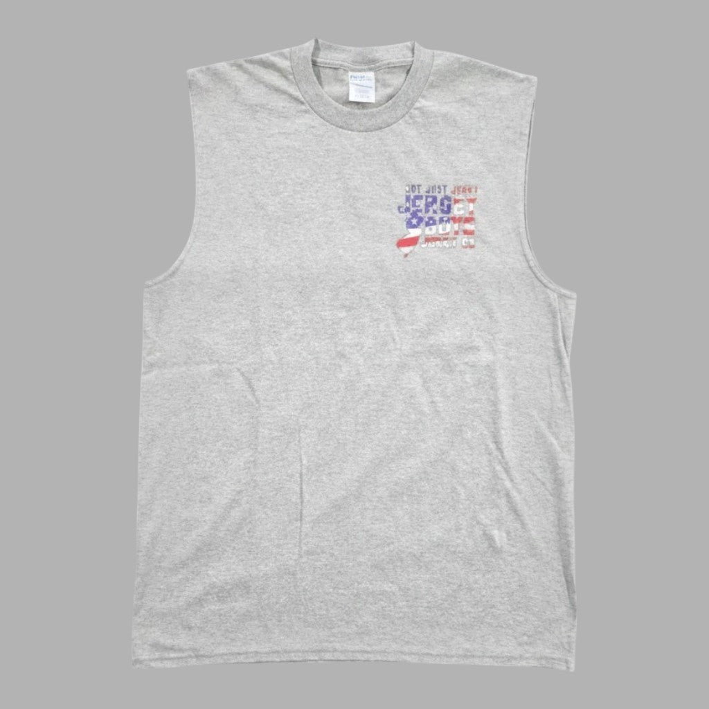 Jersey Boys Jerky grey sleeveless tee with a small American flag themed logo on the left chest