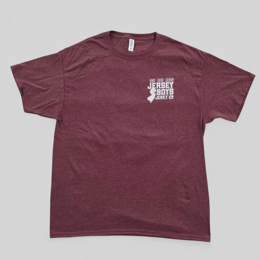 Jersey Boys Jerky maroon performance t-shirt with white chest logo, moisture-managing fabric for active wear.