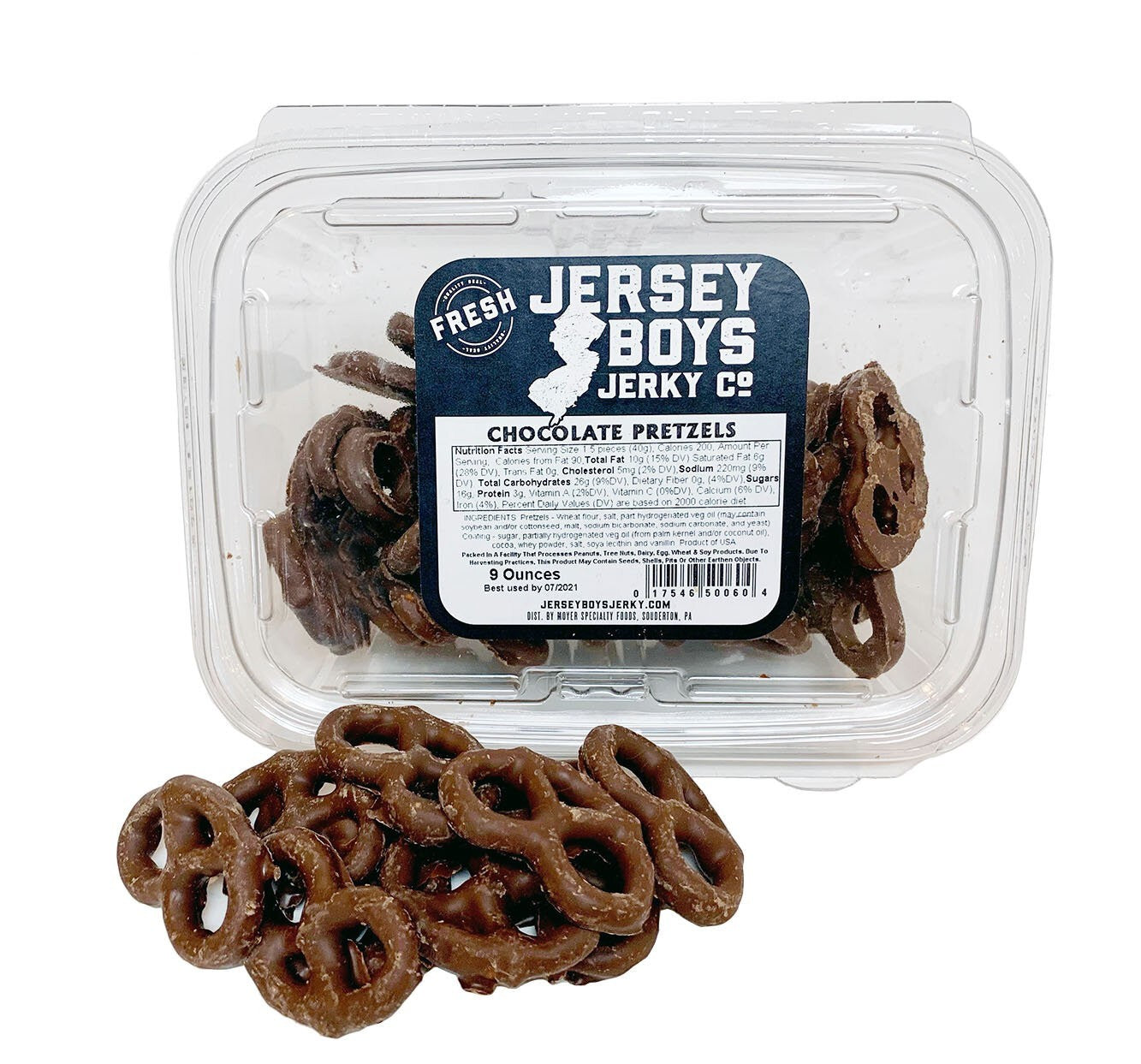 Jersey Boys Jerky milk chocolate covered pretzels in a clear plastic container with a nutritional label