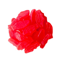 A pile of red Swedish Fish chewy fruit candies from Jersey Boys Jerky, featuring a classic fish-shaped design.
