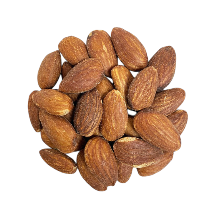 A pile of Jersey Boys Jerky roasted salted almonds with a golden brown texture on a white background.