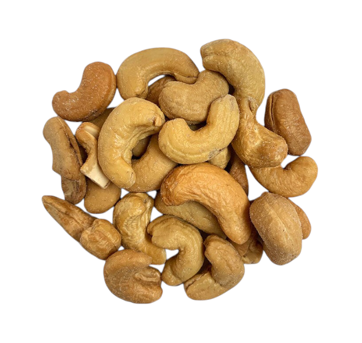 Jersey Boys Jerky salted cashews, a healthy snack with a golden roasted texture, isolated on a white background.