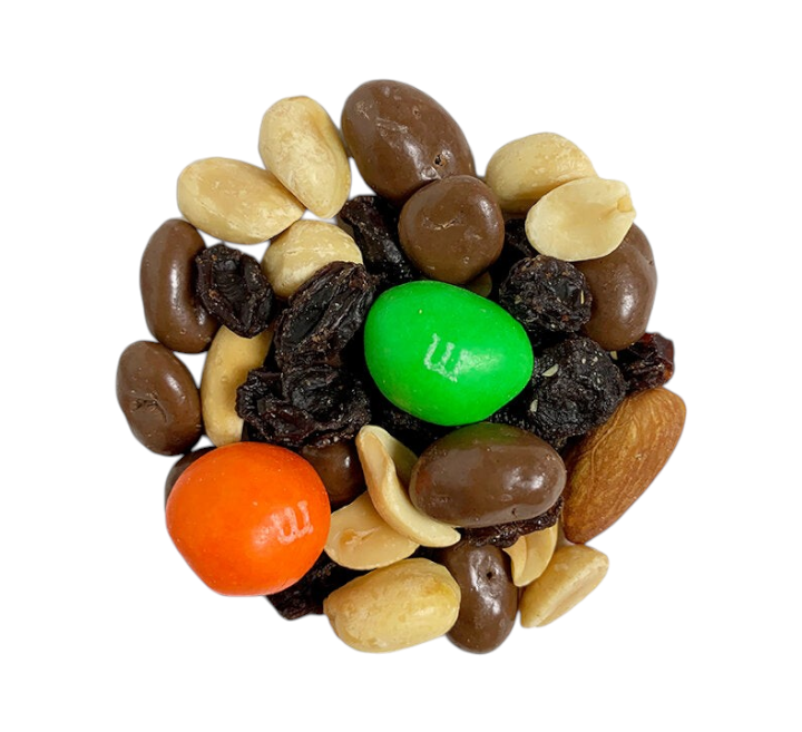 Jersey Boys Jerky Simply Sweet Snack Mix featuring chocolate-covered peanuts, raisins, almonds, and colorful candies.