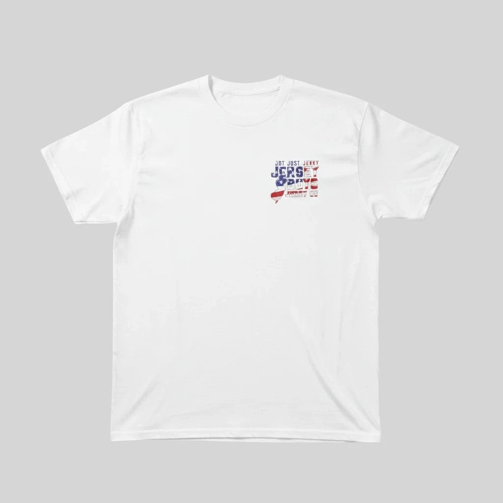 Jersey Boys Jerky white performance t-shirt with a small American flag graphic on the chest