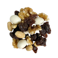 Jersey Boys Jerky Yogurt Nut Trail Mix featuring walnuts, raisins, and smooth yogurt-covered nuts on white background